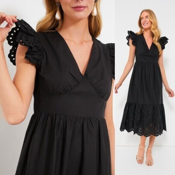 Hyacinth House NEW Black Eyelet Marshall V Neck Classic Midi Dress Size XS - Picture 1 of 9